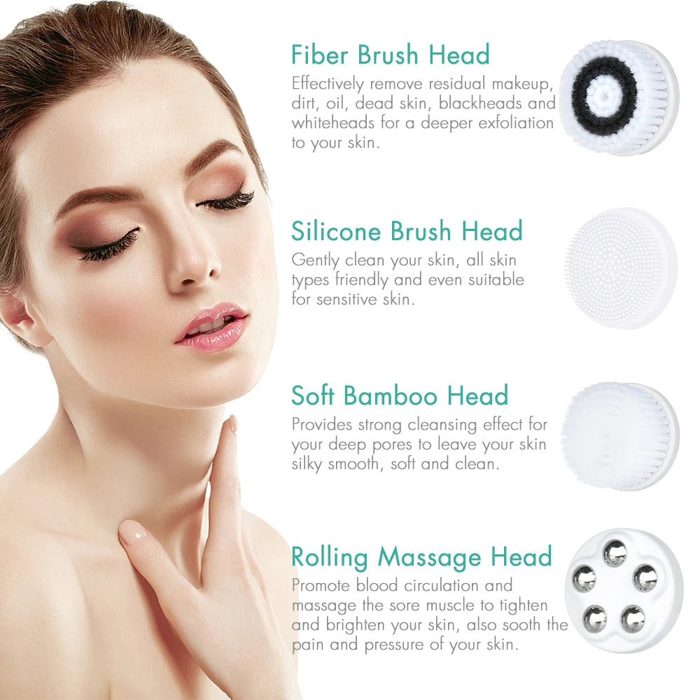 Escova Elétrica de Limpeza Facial 4 em 1, à prova d'água, massageador facial