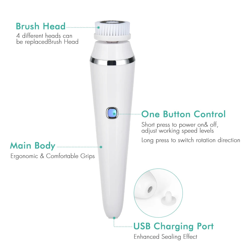 Escova Elétrica de Limpeza Facial 4 em 1, à prova d'água, massageador facial