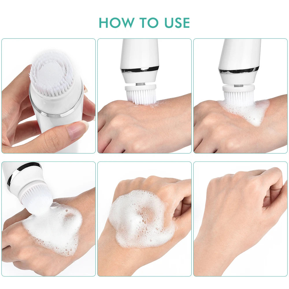 Escova Elétrica de Limpeza Facial 4 em 1, à prova d'água, massageador facial